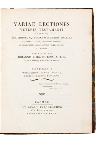 BODONI PRESS  DE ROSSI, GIOVANNI BERNARDO. Variae lectiones Veteris Testamenti librorum [with Scholia critica].  5 vols. 1784-98